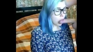 Nerdy big-titties blue hair girlfriend giving head